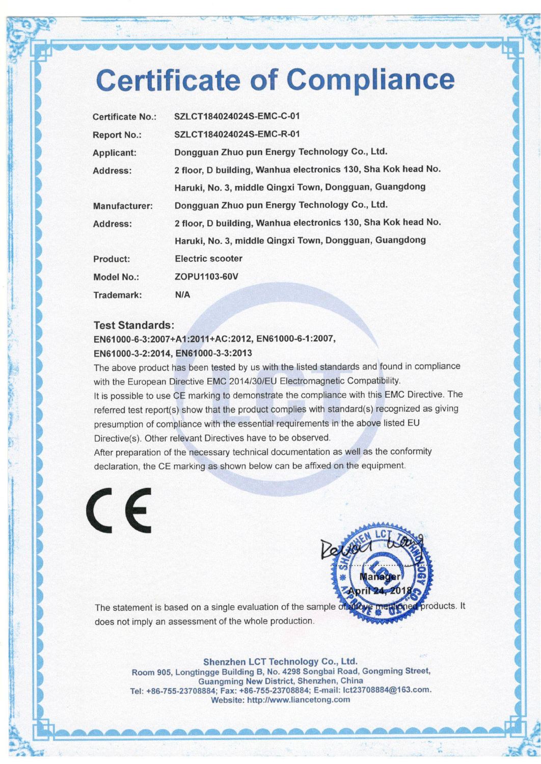 First-page preview of: EMC compliance certificate based on sample testing
