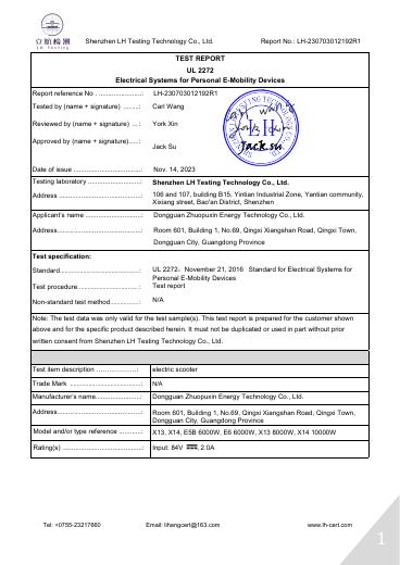 First-page preview of: UL 2272 electrical-system test report