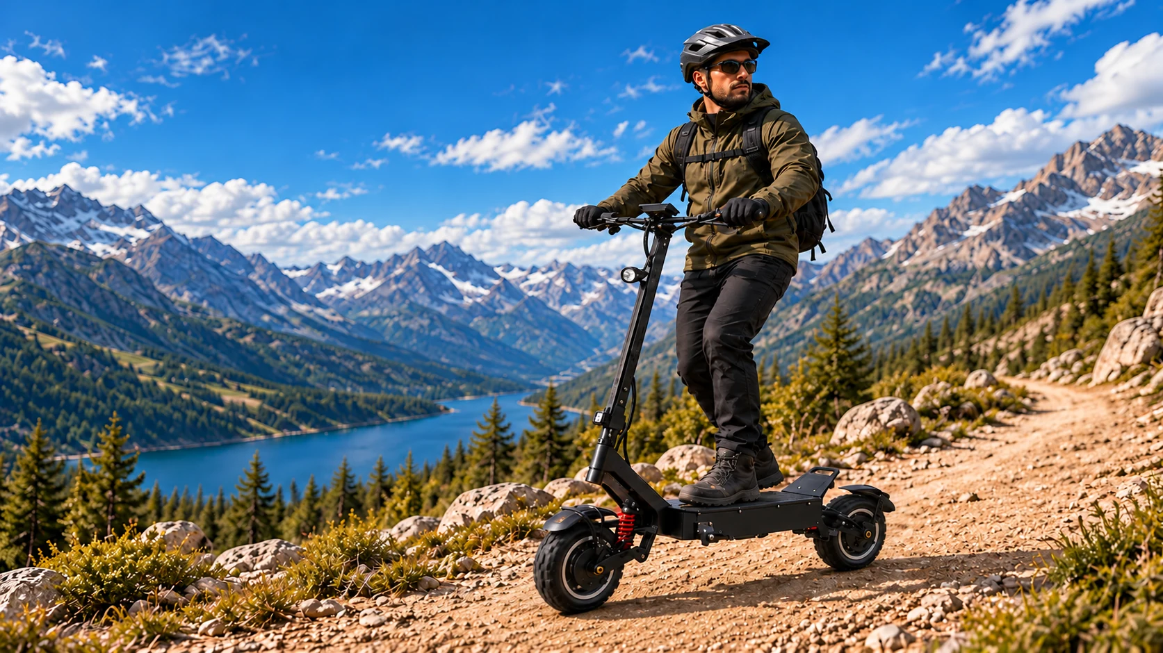 Electric scooter rider on a mountain trail